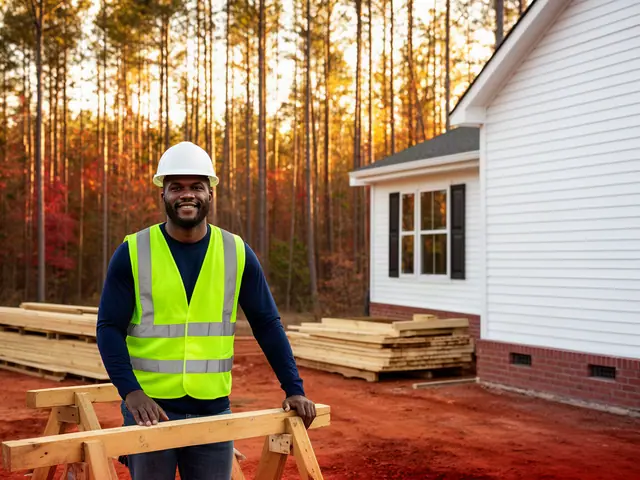 A builder in a hard hat and safety vest on a home construction site.