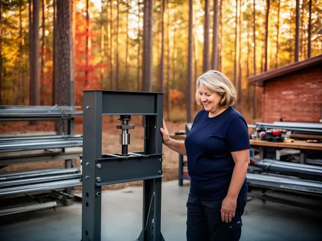 A woman with short dark-blonde hair beside new equipment in a small machine and repair shop.