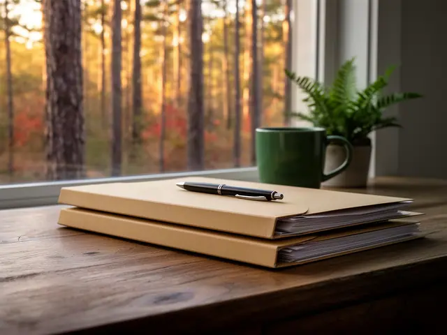 A neat stack of closed manila folders and a pen on a desk by a window.