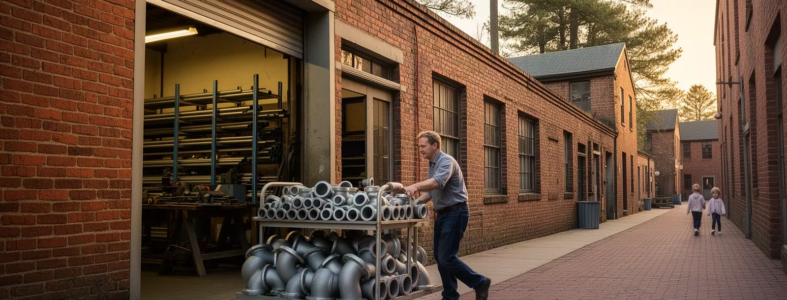 A fabrication-shop owner pushing a steel cart of pipe fittings out of his roll-up door onto a brick side street.