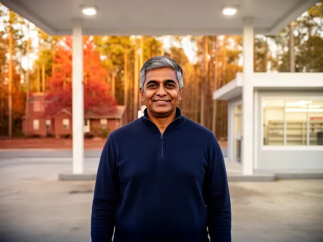 A gas station owner under a white canopy.