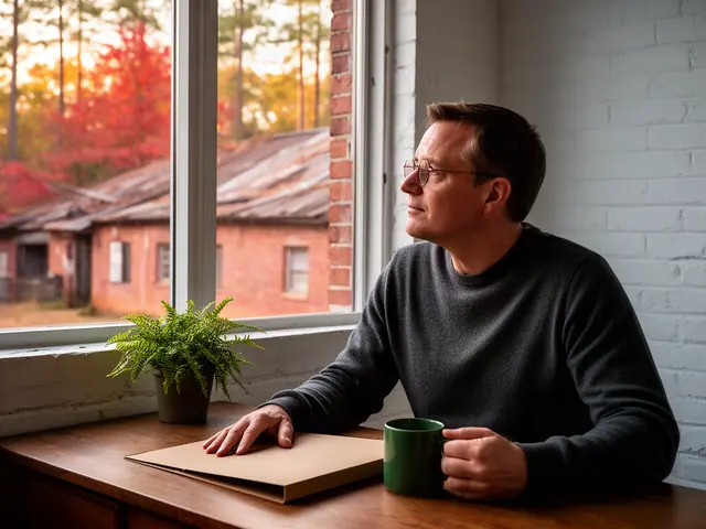 A man with short brown hair and wire-rimmed glasses at a desk with a folder and a mug in a small back office.
