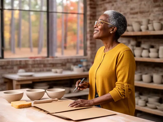 A woman with short gray natural hair and gold-framed glasses at a work table with a closed folder in a small pottery studio.